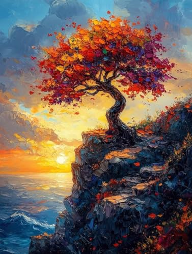 Malen Nach Zahlen Sonnenuntergang Malen Nach Zahlen Erwachsene, Paint by Numbers Baum Paint by Numbers Adult mit 3 Pinsel und Acrylfarben für Zimmer Deko, Geschenke für Frauen 70x95cm -zjn250701 von ZJNBBDOU