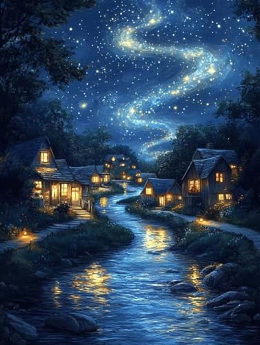 Malen Nach Zahlen Sternennacht Malen Nach Zahlen Erwachsene, Paint by Numbers Häuser Paint by Numbers Adult mit 3 Pinsel und Acrylfarben für Zimmer Deko, Geschenke für Frauen (60x80cm) -zjn2507RW von ZJNBBDOU