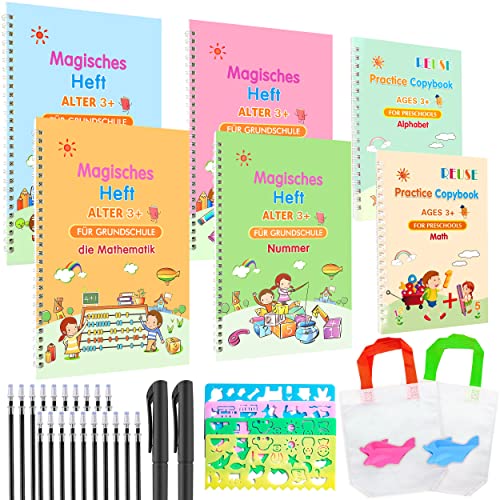 6 Stück Magisches Heft Deutsch Und Englisch - 26x18cm Magisches übungsheft deutsch mit Stift, Wiederverwendbares Übungsbuch, Heft Schreibhilfe, mit 20 Nachfüllungen + 2 Stift Übungsbücher Set. von ZJTAPE