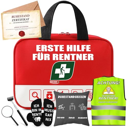 Rentner Geschenk Männer, Renteneintritt Geschenk Set mit Erste Hilfe Tasche, Grußkarte, Lustige Socken, Rentner Zierkissenbezüge, Lustige Ruhestand Geschenke für Männer - Abschiedsgeschenk Kollegen von ZJTAPE