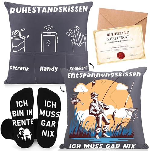 Rentner Geschenk Männer, Renteneintritt Geschenkset mit Grußkarte, Rentner Zierkissenbezüge, Lustige Socken, Lustige Ruhestand Geschenke für Mann - Abschiedsgeschenk Kollegen, Renteneintritt Geschenk von ZJTAPE