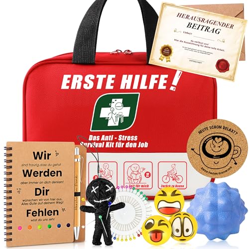 ZJTAPE Abschiedsgeschenk Kollegen, Erste Hilfe Tasche für den Job mit Grußkarte, Notizbuch, Stressball, StressPuppe, Untersetzer - Lustiges Geschenk für Kollegen, Neuer Job, Abschied, Büro von ZJTAPE