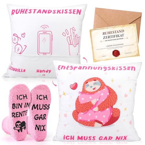 ZJTAPE Rentner Geschenk Frau, Renteneintritt Geschenkset mit Grußkarte, Rentner Zierkissenbezüge, Lustige Socken, Lustige Ruhestand Geschenke für Frauen - Abschiedsgeschenk Damen Kollegen von ZJTAPE