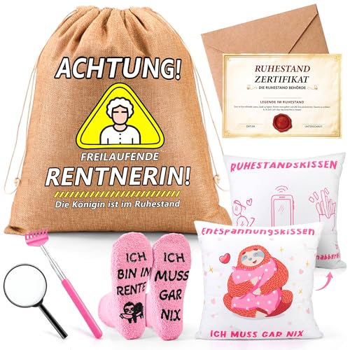 ZJTAPE Rentner Geschenk Frau - Witzige Geschenkbeutel Set, Renteneintritt Geschenk mit Grußkarte, Lustige Socken, Zierkissenbezüge, Lustige Ruhestand Geschenke für Frauen Abschiedsgeschenk Kollegen von ZJTAPE
