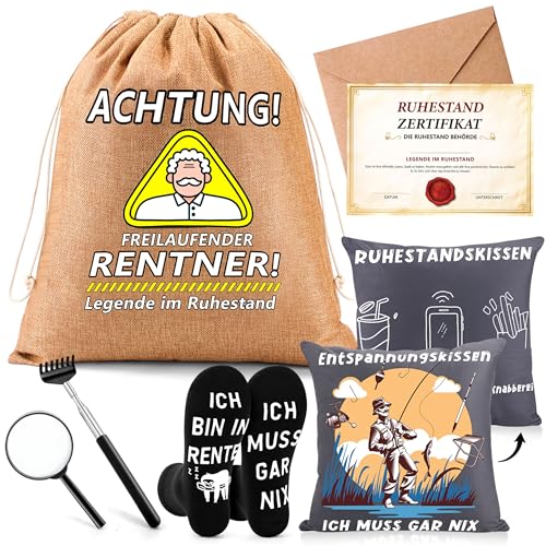 ZJTAPE Rentner Geschenk Männer - Witzige Geschenkbeutel Set, Renteneintritt Geschenk mit Grußkarte, Lustige Socken, Zierkissenbezüge, Lustige Ruhestand Geschenke für Mann Abschiedsgeschenk Kollegen von ZJTAPE