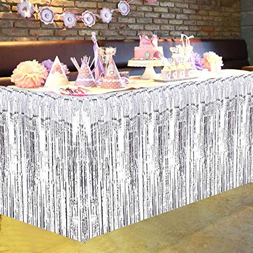 ZJchao Schreibtischrock, Tischrock Rock Rock Gras Dekorative Quasten Tischrock für Rechteckige Runde Tisch, Tropische Hawaiianische Partydekorationen Luau Party Kostümparty Party (Silver) von ZJchao