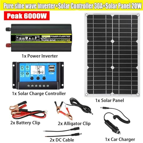 ZKLGS Solarneratorsystem Reiner Sinus-Wechselrichter-Kit 12V 220 8000/6000/4000/3000W Wechselrichter Solarpanel mit 30A-Controller(Peak 6000W Set) von ZKLGS