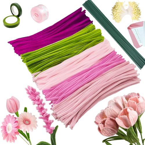 Pfeifenputzer zum basteln, 500 Stück Rosa Tulip Bouquet Pfeifenreiniger Blumen Set, Pfeifenreiniger zum basteln mit Blumendraht, Geschenkband, Geschenkpapier, Klebeband, 5 Farben Pfeifenputzer zum basteln, 500 Stück Rosa Tulip Bouquet Pfeifenreiniger Blumen Set, Pfeifenreiniger zum basteln mit Blumendraht, Geschenkband, Geschenkpapier, Klebeband, 5 Farben von ZKSMNB