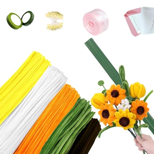 Pfeifenreiniger Blumen Set, 500 Stück Pfeifenputzer zum Basteln, Pfeifenreiniger zum Basteln, Sonnenblumen Blumenstrauß mit 20 Stück Grünem Bastelfaden, Geschenkband, Klebeband, 5 Farben Pfeifenreiniger Blumen Set, 500 Stück Pfeifenputzer zum Basteln, Pfeifenreiniger zum Basteln, Sonnenblumen Blumenstrauß mit 20 Stück Grünem Bastelfaden, Geschenkband, Klebeband, 5 Farben von ZKSMNB
