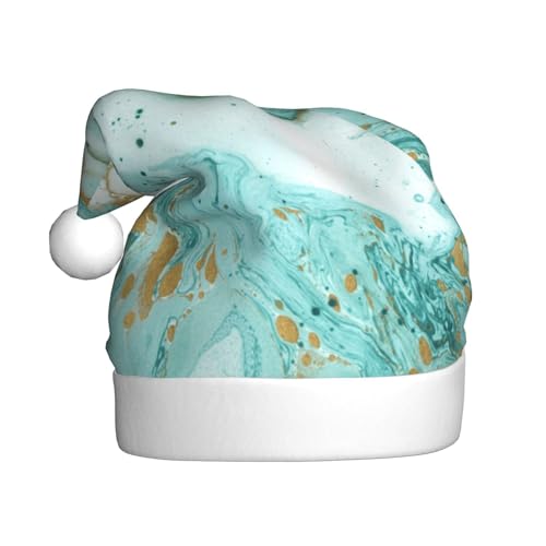 ZKZBDPLK Weihnachtsmütze mit Weihnachtsmann-Motiv, Blaugrün und Gold, Marmor-Druck, Unisex, für Erwachsene von ZKZBDPLK