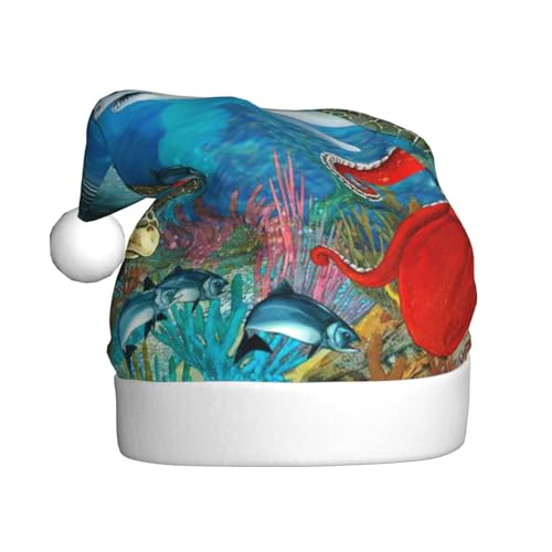 ZKZBDPLK Weihnachtsmütze mit Weihnachtsmann-Motiv, Delfine, Meeresschildkröte, Oktopus, Korallenriff-Druck, Weihnachtsmütze, Unisex, Erwachsene von ZKZBDPLK