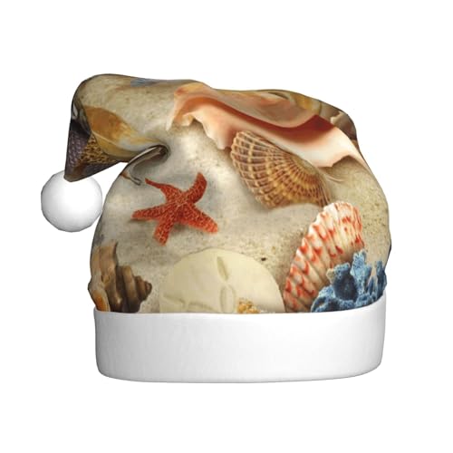 ZKZBDPLK Weihnachtsmütze mit Weihnachtsmann-Motiv, Seestern, Muschel, Sandstrand, bedruckt, Weihnachtsmütze, Unisex, Erwachsene von ZKZBDPLK