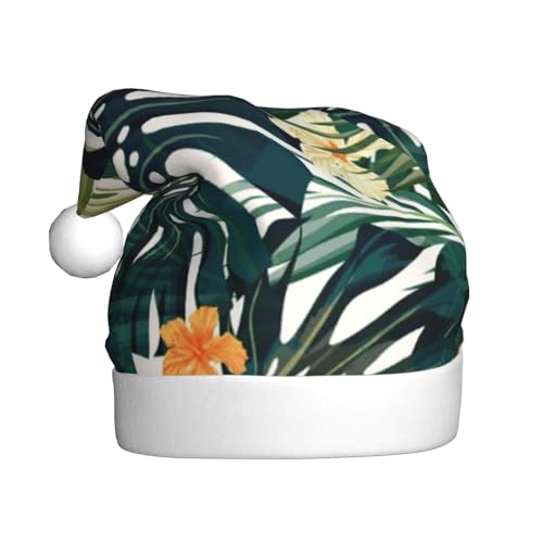 ZKZBDPLK Weihnachtsmütze mit Weihnachtsmann-Motiv, tropischer Sommer, Hawaii-Blume, Palmblätter, Unisex, Erwachsene von ZKZBDPLK