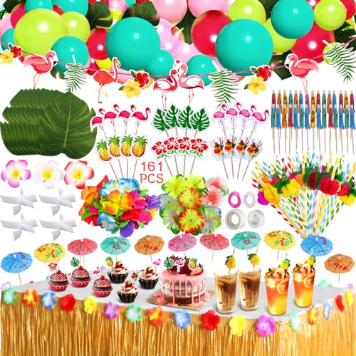 ZLPBAO 162 Stück Hawaii Party Dekoration Set mit Dekoration Ballon Hawaii Luau Tischröcke 9ft, für Hawaii Party Deko Beach Tropischen Garten Party Deko von ZLPBAO