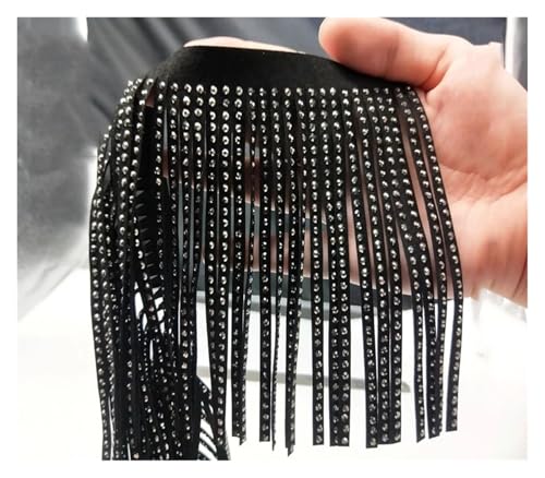 ZMCGNO 1 Meter 14 cm Samt Pailletten Quaste Niet Diamant Leder Wildleder Fransenbesatz Kleid Kleidung Dekorative Spitzenbesatz Material(Black-ResinDiamond) von ZMCGNO