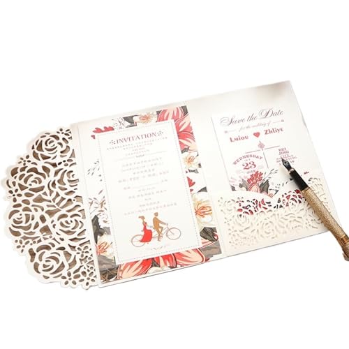 ZMCGNO 10 Stück Laser Rose Rot Hochzeitseinladung for Geburtstagsparty Karte(Beige,Cover and Envelope) von ZMCGNO