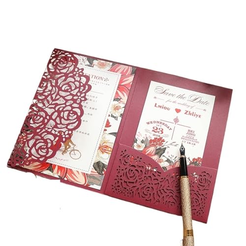 ZMCGNO 10 Stück Laser Rose Rot Hochzeitseinladung for Geburtstagsparty Karte(Burgundy,Outside Cover only) von ZMCGNO