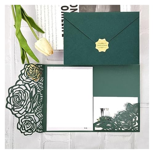ZMCGNO 10 Stück Waldgrüne Hochzeitseinladungen mit Laserschnitt, DIY-Kit, druckbare, dreifach gefaltete Geburtstags-/Partykarte mit Blumenmuster(Dark Green,Cover and Envelope) von ZMCGNO