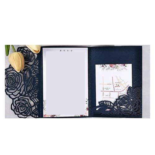 ZMCGNO 10 Stück Waldgrüne Hochzeitseinladungen mit Laserschnitt, DIY-Kit, druckbare, dreifach gefaltete Geburtstags-/Partykarte mit Blumenmuster(Deep Blue,Cover and Envelope) von ZMCGNO