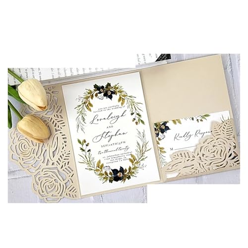 ZMCGNO 10 Stück Waldgrüne Hochzeitseinladungen mit Laserschnitt, DIY-Kit, druckbare, dreifach gefaltete Geburtstags-/Partykarte mit Blumenmuster(Gold,Cover and Envelope) von ZMCGNO