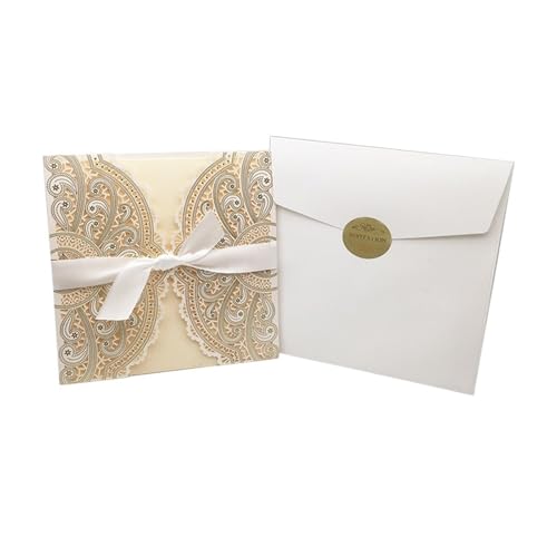 ZMCGNO 10 Stücke Laser Cut Floral Hochzeitseinladungskarte Spitze Grußkarte Benutzerdefinierte Mit Band Geburtstag Verlobung Hochzeit Partei Liefert(One Set Ivory) von ZMCGNO