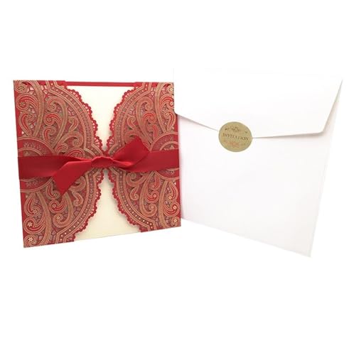 ZMCGNO 10 Stücke Laser Cut Floral Hochzeitseinladungskarte Spitze Grußkarte Benutzerdefinierte Mit Band Geburtstag Verlobung Hochzeit Partei Liefert(One Set Red) von ZMCGNO