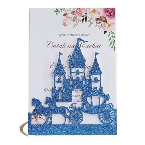 ZMCGNO 10 Stücke Laser Cut Kutsche Schloss Glitter Hochzeitseinladungskarte Silber Rot Luxus Hochzeitseinladungskarte Hochzeitsfeierzubehör(Blue) von ZMCGNO