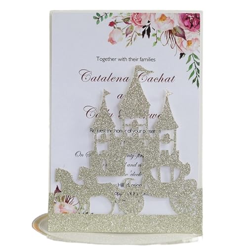 ZMCGNO 10 Stücke Laser Cut Kutsche Schloss Glitter Hochzeitseinladungskarte Silber Rot Luxus Hochzeitseinladungskarte Hochzeitsfeierzubehör(Gold) von ZMCGNO