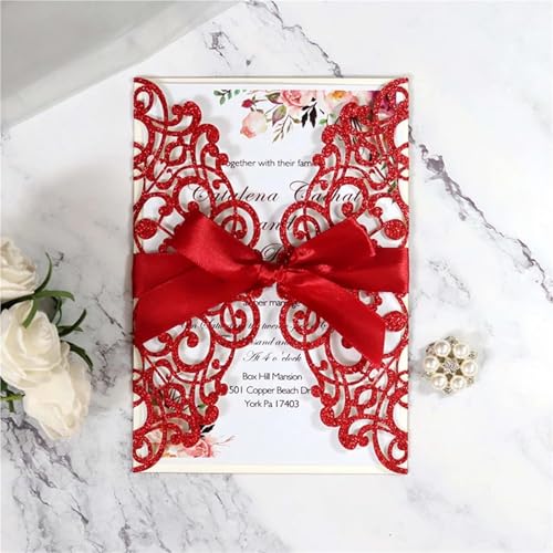 ZMCGNO 10 stücke Laser Cut Blau Glitter Hochzeitseinladungen Mit Band Geburtstag Glitter Grußkarten Party Dekorationen(Red) von ZMCGNO