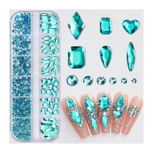 ZMCGNO 1100 Stück + Seeblaue Kristall-Strasssteine ​​für Nägel, 12 Raster, gemischte Formen, Flache Rückseite, Diamant-Edelsteine, Luxus-Schmuckdekorationen aus Glas(PH192-6) von ZMCGNO