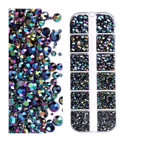 ZMCGNO 12 Gitter (SS6-SS30) Gemischtes Luxus-Set aus Strasssteinen for Nägel, AB-Gold, schwarzer Kristall, runde Glasperlen, Edelsteine, 2 mm – 6 mm, Diamant-Anhänger for Nägel(Black) von ZMCGNO