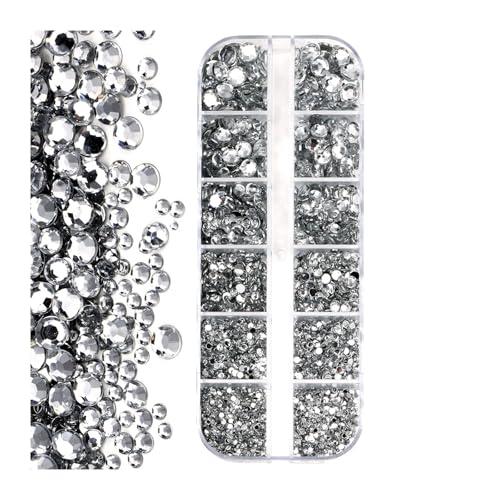 ZMCGNO 12 Gitter (SS6-SS30) Gemischtes Luxus-Set aus Strasssteinen for Nägel, AB-Gold, schwarzer Kristall, runde Glasperlen, Edelsteine, 2 mm – 6 mm, Diamant-Anhänger for Nägel(Clear) von ZMCGNO