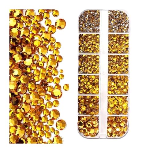 ZMCGNO 12 Gitter (SS6-SS30) Gemischtes Luxus-Set aus Strasssteinen for Nägel, AB-Gold, schwarzer Kristall, runde Glasperlen, Edelsteine, 2 mm – 6 mm, Diamant-Anhänger for Nägel(Gold) von ZMCGNO
