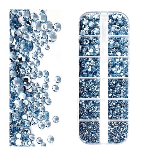 ZMCGNO 12 Gitter (SS6-SS30) Gemischtes Luxus-Set aus Strasssteinen for Nägel, AB-Gold, schwarzer Kristall, runde Glasperlen, Edelsteine, 2 mm – 6 mm, Diamant-Anhänger for Nägel(Light Blue) von ZMCGNO