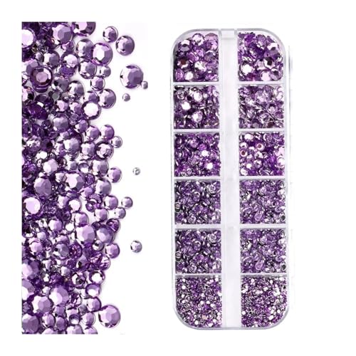 ZMCGNO 12 Gitter (SS6-SS30) Gemischtes Luxus-Set aus Strasssteinen for Nägel, AB-Gold, schwarzer Kristall, runde Glasperlen, Edelsteine, 2 mm – 6 mm, Diamant-Anhänger for Nägel(Purple) von ZMCGNO