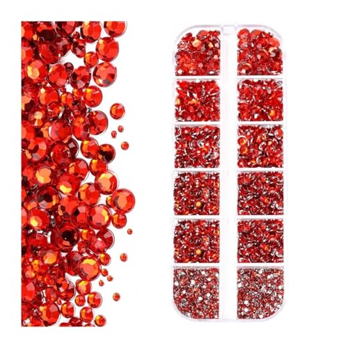 ZMCGNO 12 Gitter (SS6-SS30) Gemischtes Luxus-Set aus Strasssteinen for Nägel, AB-Gold, schwarzer Kristall, runde Glasperlen, Edelsteine, 2 mm – 6 mm, Diamant-Anhänger for Nägel(Red) von ZMCGNO