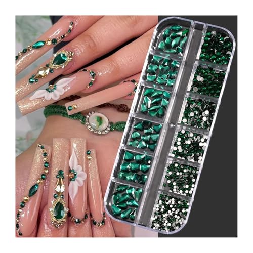 ZMCGNO 12Gird 3D-Glas-Rosenrot-Kristall-Nagel-Kunst-Strasssteine ​​in gemischter Form, Luxus-Nagel-Diamant, Flache Rückseite, roter Strass-Maniküre-Schmuck(12) von ZMCGNO