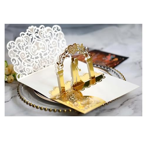 ZMCGNO 25 stücke Laser Cut Hochzeitseinladungskarte 3D Dreifach Gefaltete Braut Und Bräutigam Spitze Grußkarte Hochzeitsfestbevorzugung Supplies(Gold Cover) von ZMCGNO