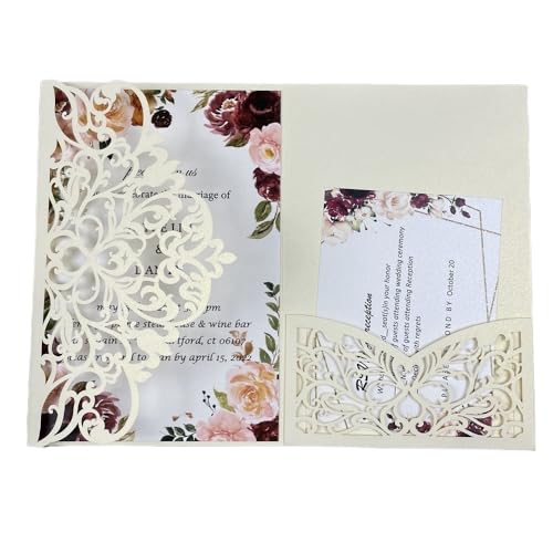 ZMCGNO 50 lasergeschnittene dreifach gefaltete Hochzeitseinladungskarten mit grünen und blauen Blättern, personalisierte Blatttasche, Einladungshülle(Beige Vintage,Laser Cover only) von ZMCGNO