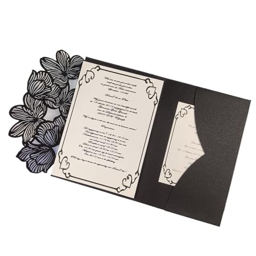 ZMCGNO 50 lasergeschnittene dreifach gefaltete Hochzeitseinladungskarten mit grünen und blauen Blättern, personalisierte Blatttasche, Einladungshülle(Black,Laser Cover only) von ZMCGNO