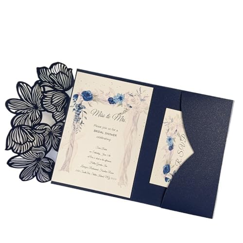 ZMCGNO 50 lasergeschnittene dreifach gefaltete Hochzeitseinladungskarten mit grünen und blauen Blättern, personalisierte Blatttasche, Einladungshülle(Blue,Laser Cover only) von ZMCGNO