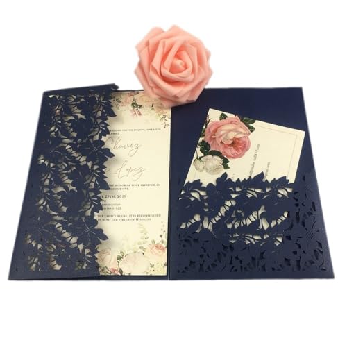 ZMCGNO 50 lasergeschnittene dreifach gefaltete Hochzeitseinladungskarten mit grünen und blauen Blättern, personalisierte Blatttasche, Einladungshülle(Blue1,Cover and Envelope) von ZMCGNO