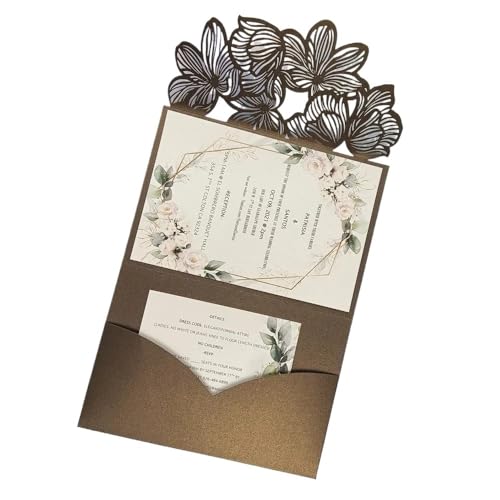 ZMCGNO 50 lasergeschnittene dreifach gefaltete Hochzeitseinladungskarten mit grünen und blauen Blättern, personalisierte Blatttasche, Einladungshülle(Brown,Cover and Envelope) von ZMCGNO