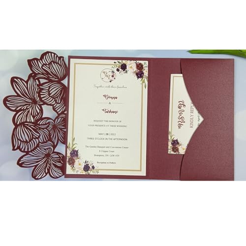 ZMCGNO 50 lasergeschnittene dreifach gefaltete Hochzeitseinladungskarten mit grünen und blauen Blättern, personalisierte Blatttasche, Einladungshülle(Burgundy,Blank Set) von ZMCGNO