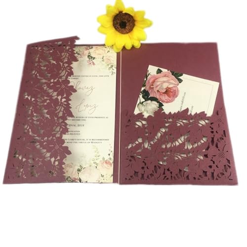 ZMCGNO 50 lasergeschnittene dreifach gefaltete Hochzeitseinladungskarten mit grünen und blauen Blättern, personalisierte Blatttasche, Einladungshülle(Burgundy1,Blank Set) von ZMCGNO