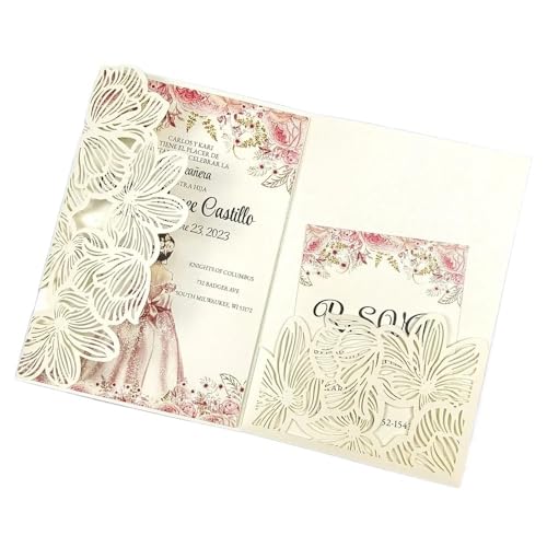 ZMCGNO 50 lasergeschnittene dreifach gefaltete Hochzeitseinladungskarten mit grünen und blauen Blättern, personalisierte Blatttasche, Einladungshülle(Ivory2,Cover and Envelope) von ZMCGNO