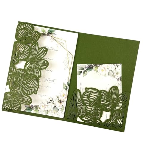 ZMCGNO 50 lasergeschnittene dreifach gefaltete Hochzeitseinladungskarten mit grünen und blauen Blättern, personalisierte Blatttasche, Einladungshülle(Olive green2,Cover and Envelope) von ZMCGNO