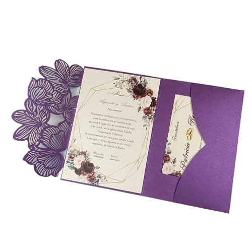 ZMCGNO 50 lasergeschnittene dreifach gefaltete Hochzeitseinladungskarten mit grünen und blauen Blättern, personalisierte Blatttasche, Einladungshülle(Purple,Cover and Envelope) von ZMCGNO