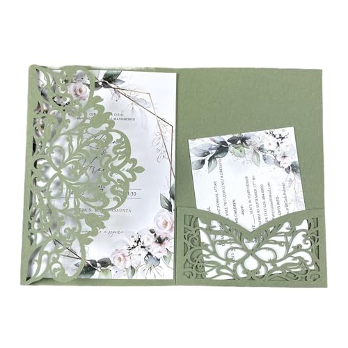 ZMCGNO 50 lasergeschnittene dreifach gefaltete Hochzeitseinladungskarten mit grünen und blauen Blättern, personalisierte Blatttasche, Einladungshülle(Sage Green Vintage,Laser Cover only) von ZMCGNO