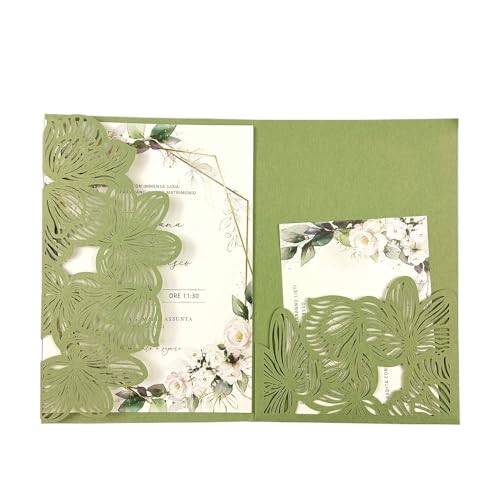 ZMCGNO 50 lasergeschnittene dreifach gefaltete Hochzeitseinladungskarten mit grünen und blauen Blättern, personalisierte Blatttasche, Einladungshülle(Sage green2,Laser Cover only) von ZMCGNO